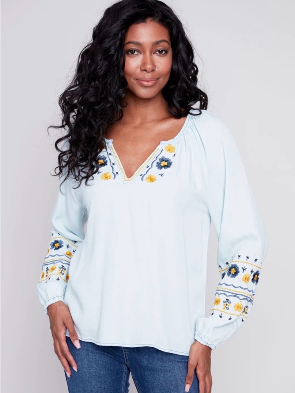 CHARLIE B Light Blue / Denim Colored  Embroidered Peasant Blouse